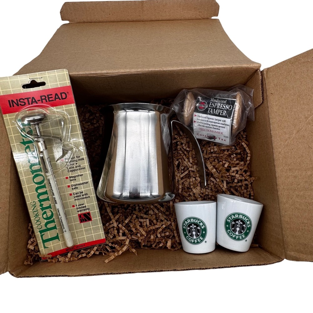 Starbucks Espresso Barista Gift Set Bundle Pitcher Cups Thermometer Wood Tamper